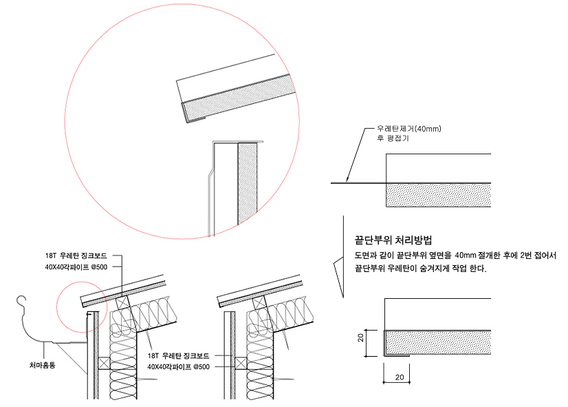 우레탄 징크보드용 부자재 디테일 조립상세도 : 처마 및 물홈통 상세도