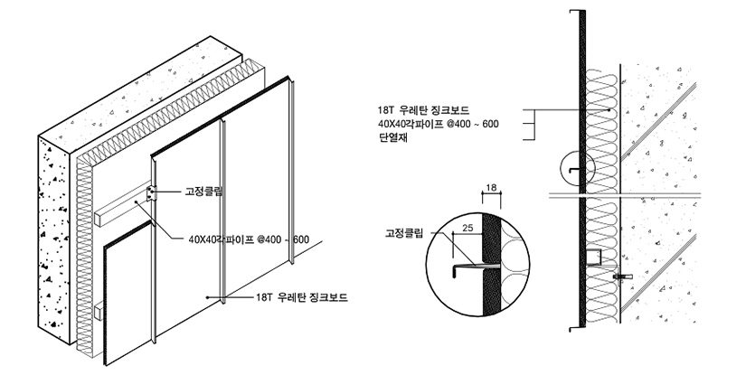 우레탄 징크보드용 부자재 디테일 조립상세도 : 돌출이음 시공 상세도2