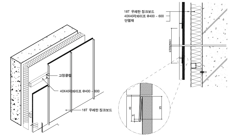 우레탄 징크보드용 부자재 디테일 조립상세도 : 외벽 시공 및 평이음 상세도